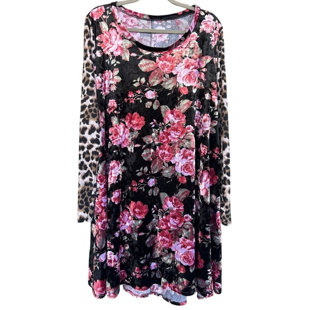 Womens Plus 3XL Velvet Floral Leopard Print Tunic Dress Black with Pockets